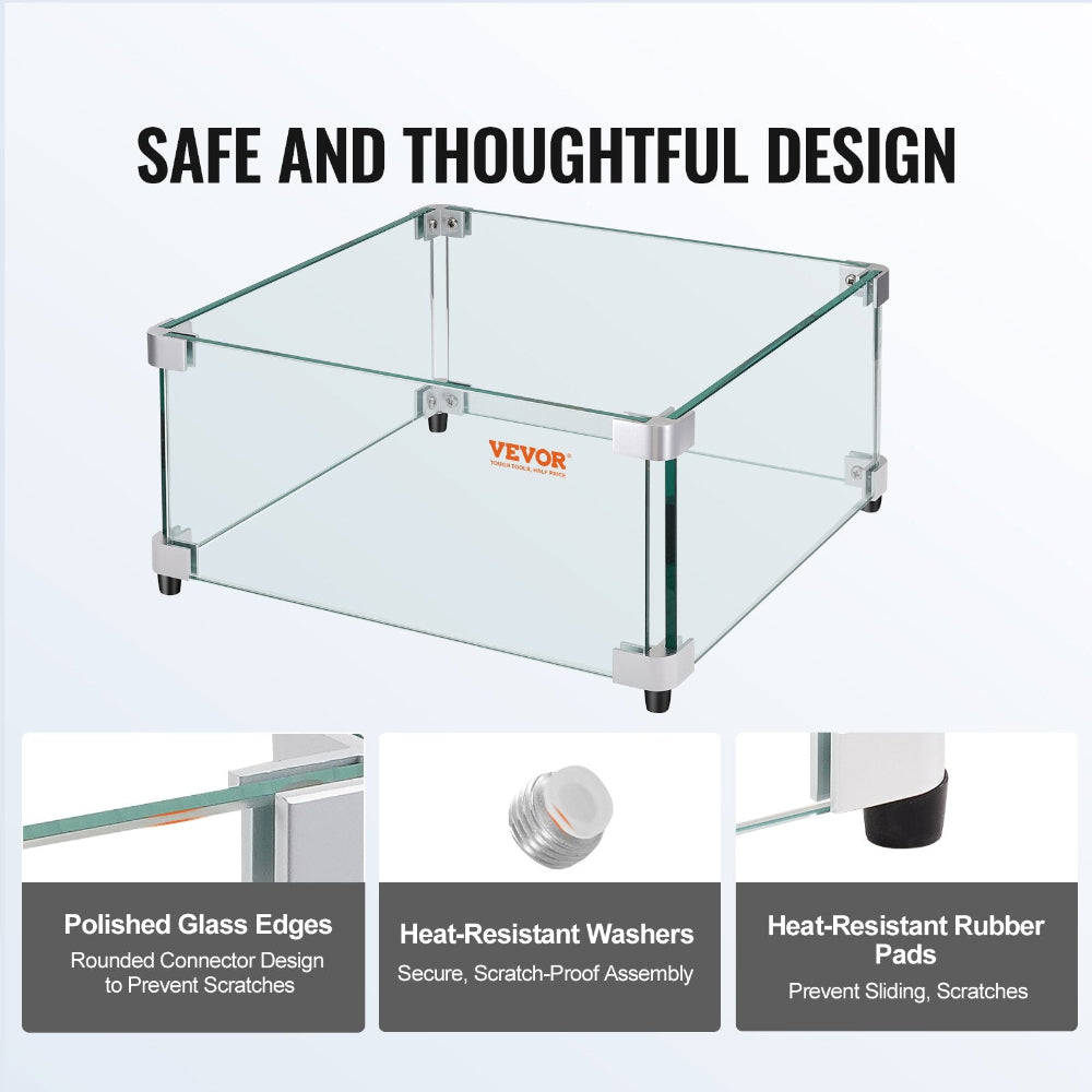 Glass display case with VEVOR branding and safety features highlighted on a white background.