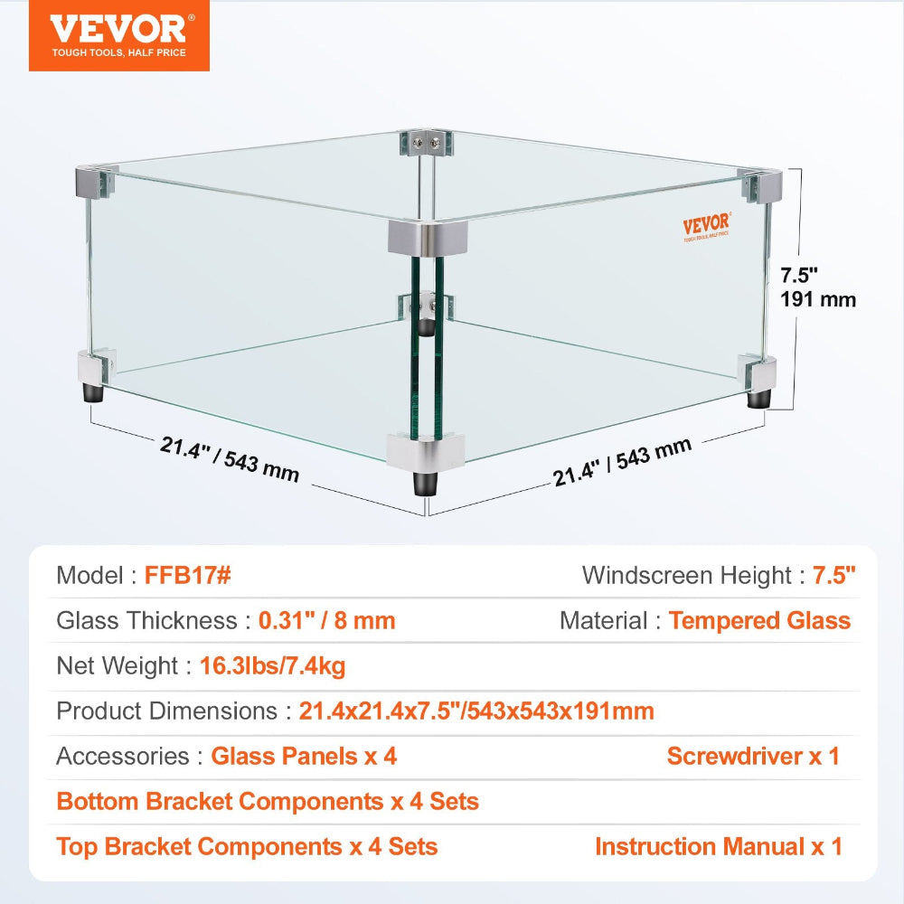 Glass screen with VEVOR branding and dimensions on a white background