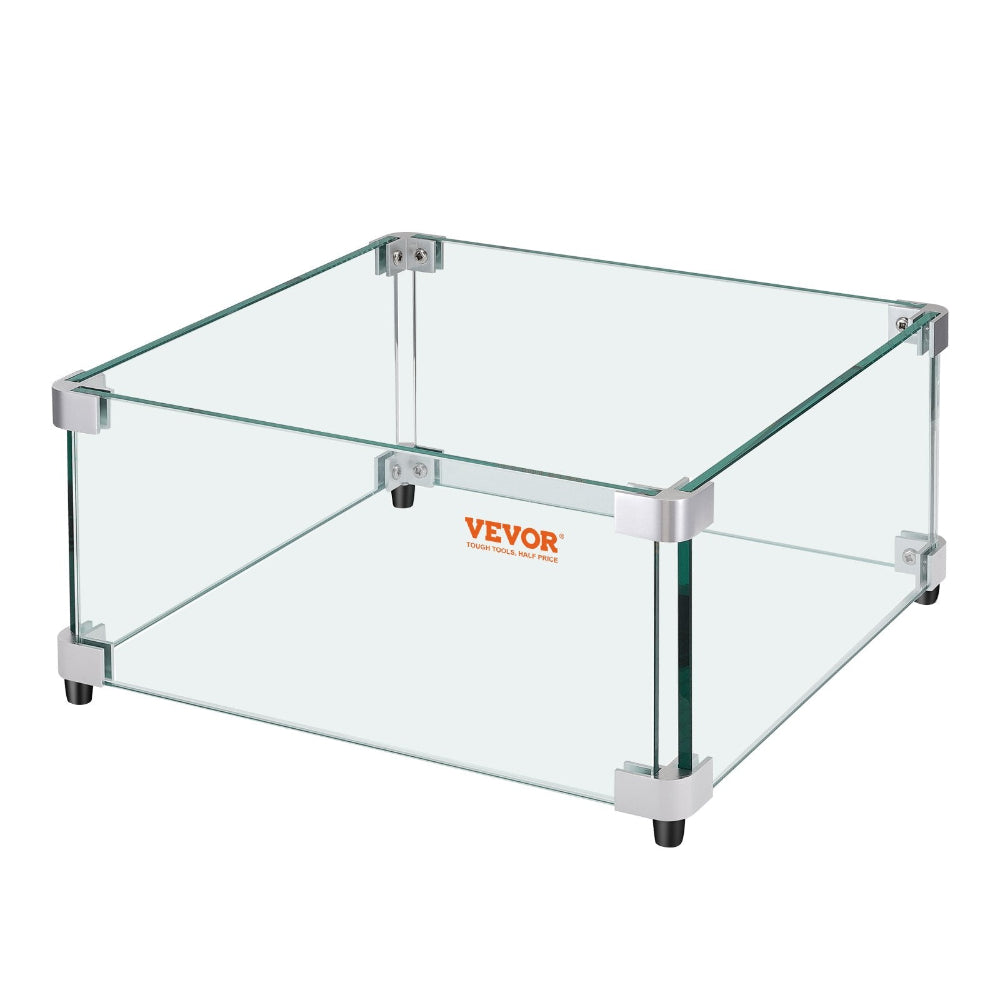 Clear glass table with metal frame on a white background, featuring the Vevor brand.