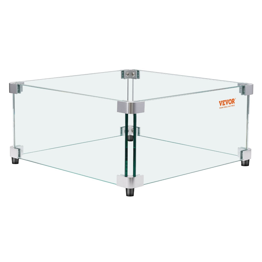 Clear glass table with metal legs on a white background, featuring the Vevor brand.
