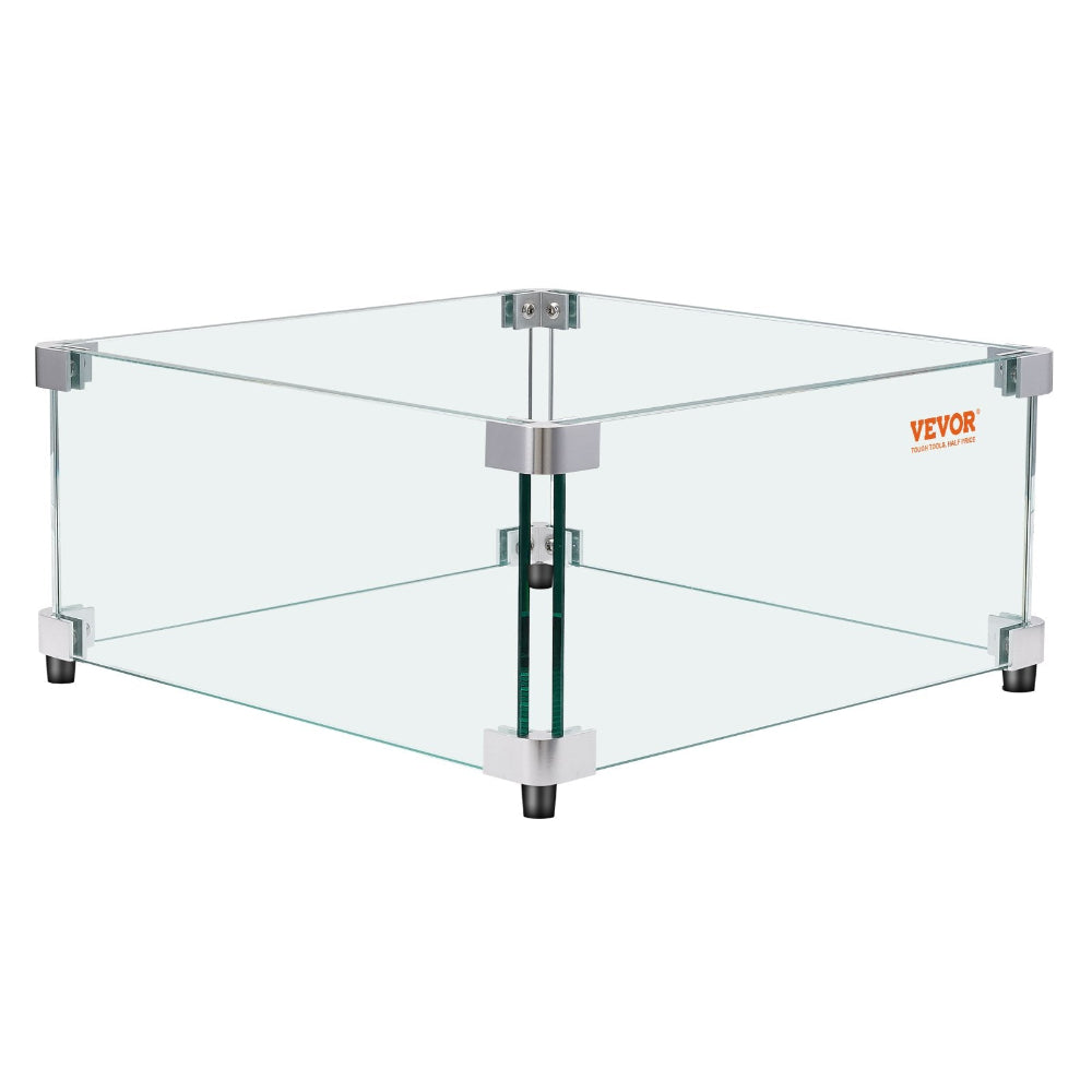 Clear glass fire pit guard with metal legs on a white background, featuring the Vevor brand.