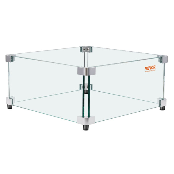 Clear glass fire pit guard with metal legs on a white background, featuring the Vevor brand.