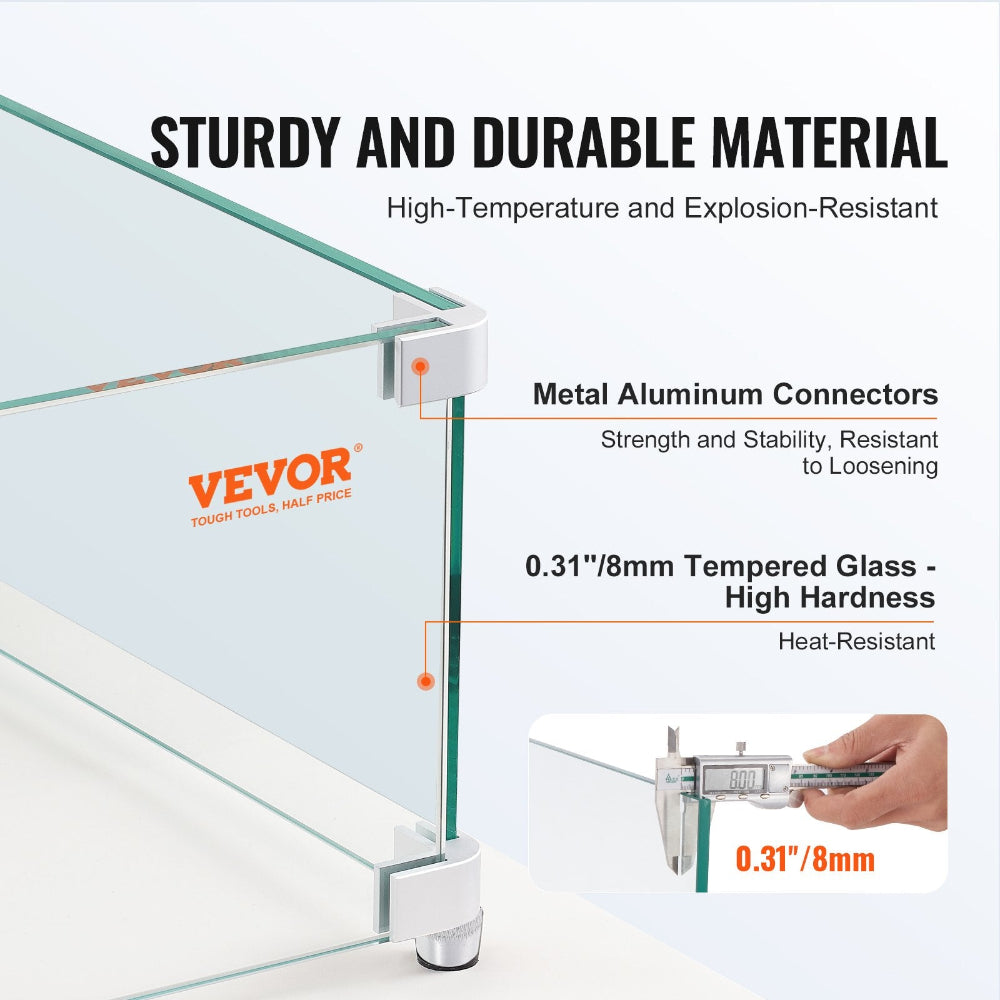 Glass panel with Vevor branding, highlighting sturdiness and durability features.