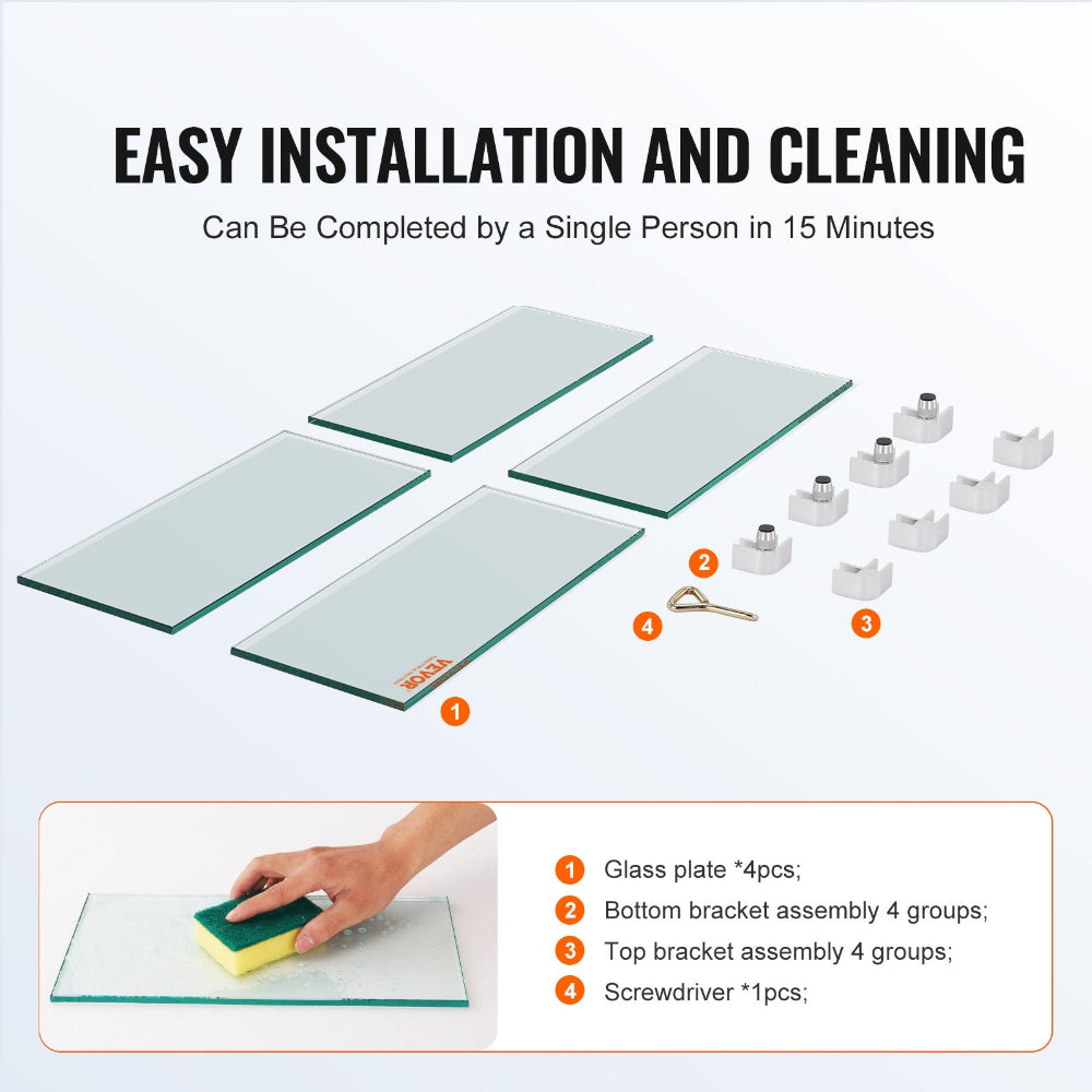 Glass shelf assembly with components and installation instructions on a white background