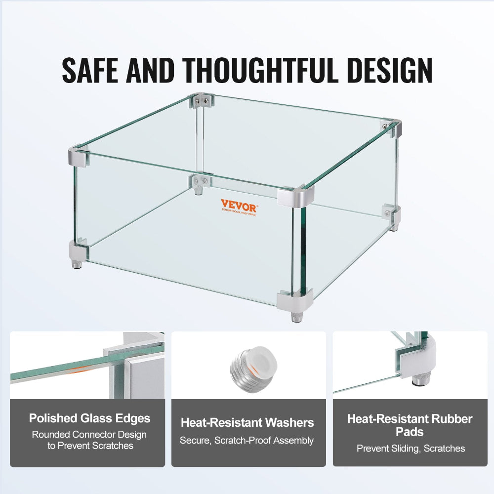 Glass display case with VEVOR branding and safety features highlighted on a white background.