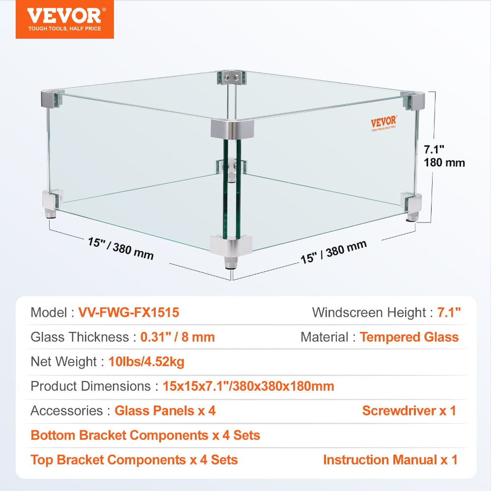 Glass windscreen with VEVOR branding and specifications on a white background