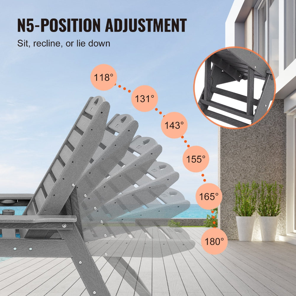 Gray adjustable outdoor chair with position adjustment angles on a deck.