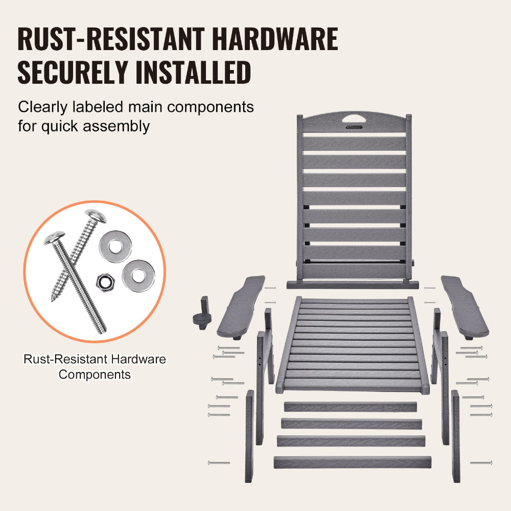 Gray outdoor chair with labeled rust-resistant hardware components on a white background