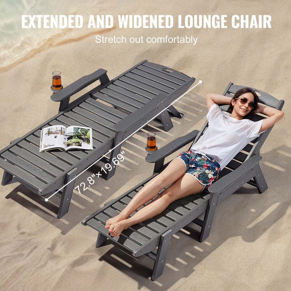 Two gray lounge chairs on a sandy background with text indicating size and comfort.