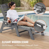 Person relaxing on a gray outdoor lounge chair by a pool, with close-ups of features and text about the chair's design.