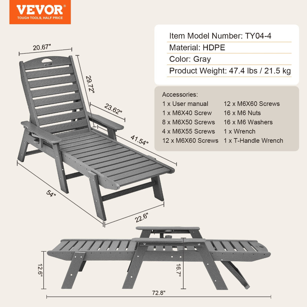 Gray lounge chair with dimensions and VEVOR branding on a white background
