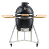 Black Kamado-style grill with wooden sides on a white background