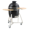 Black ceramic grill with wooden shelves on a white background