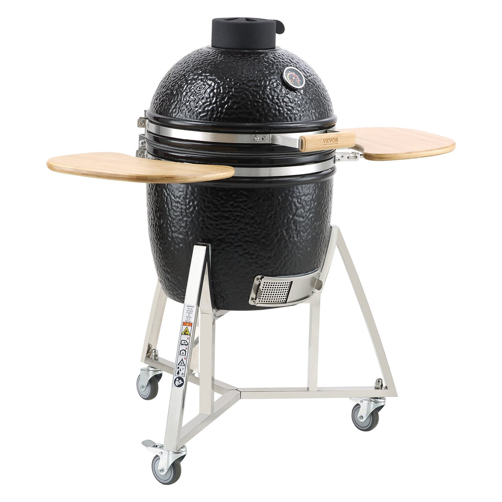 Black ceramic grill with wooden shelves on a white background