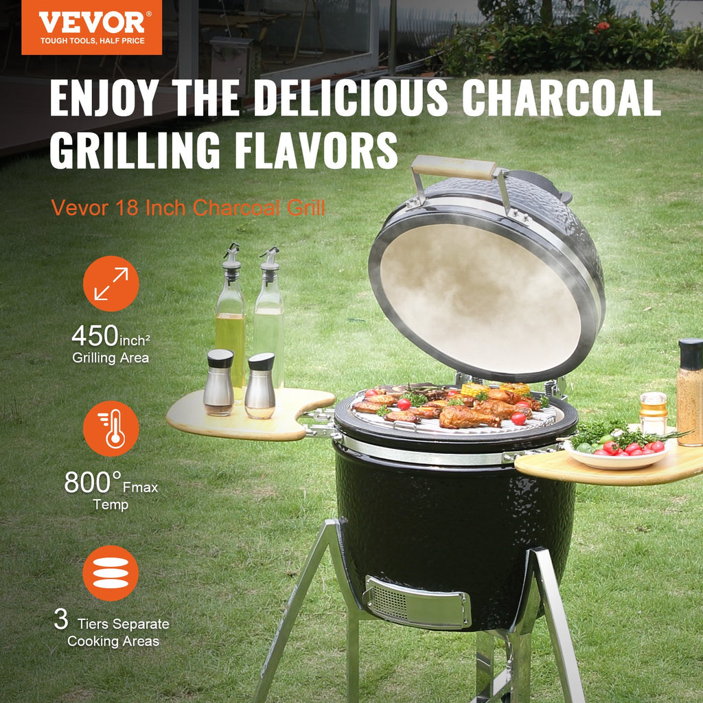 Vevor 18-inch charcoal grill on a grassy outdoor area with food being cooked.