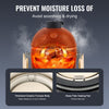 Ceramic furnace with a chicken inside, featuring text about preventing moisture loss and avoiding scorching & drying.