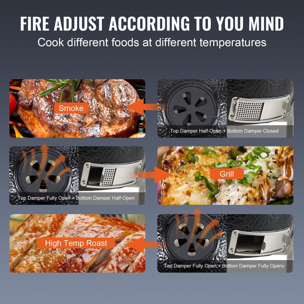 Diagram showing different cooking methods with corresponding damper positions on a grill.