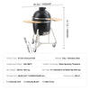 Black charcoal grill with dimensions and specifications on a white background