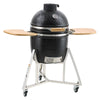 Black Kamado-style grill with wooden handles on a white background