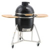 Black Kamado-style grill with wooden handles on a white background