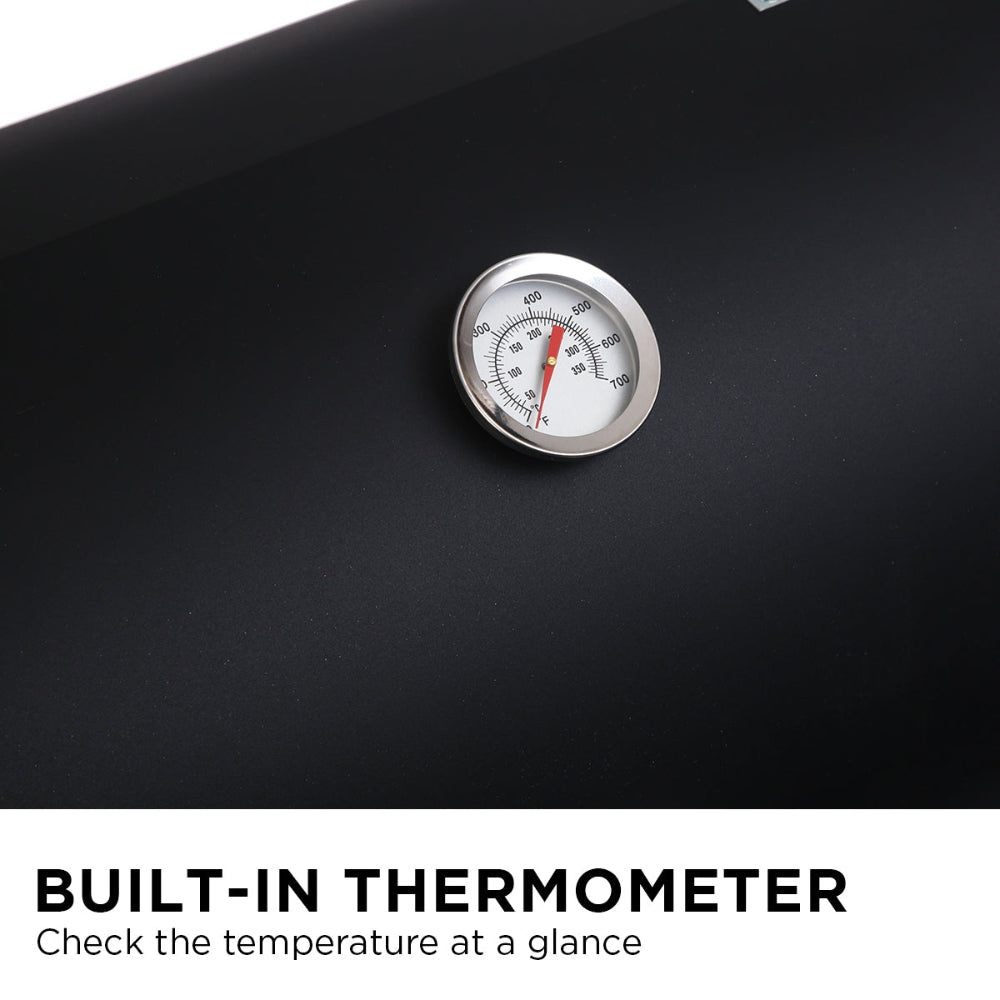 Built-in thermometer on a black surface with text indicating it can check temperature at a glance.