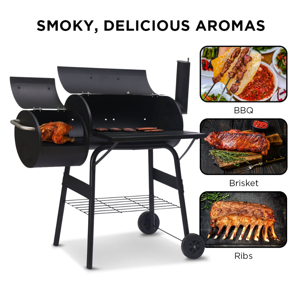 Black barbecue grill with images of cooked meats and text about aromas on a white background