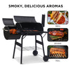 Black barbecue grill with images of cooked meats and text about aromas on a white background