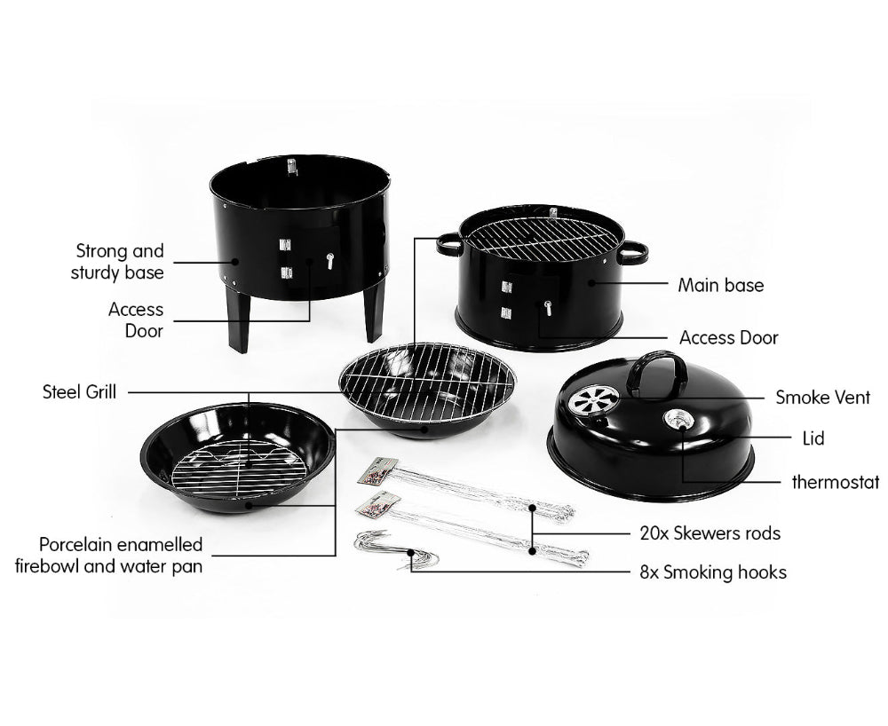 Black barbecue grill set with labeled parts on a white background.