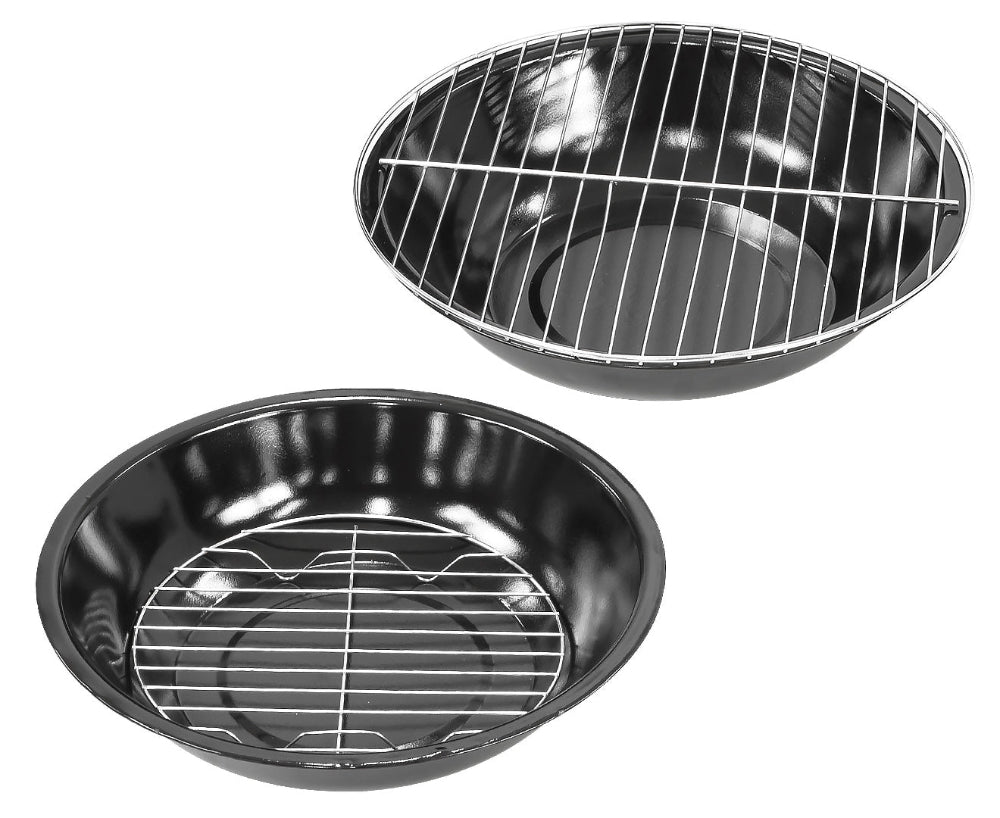 Two black metal cookware items with wire racks on a white background.