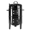 A black 3-in-1 charcoal BBQ smoker with a lid and two side doors, designed for outdoor grilling and set on a white background.