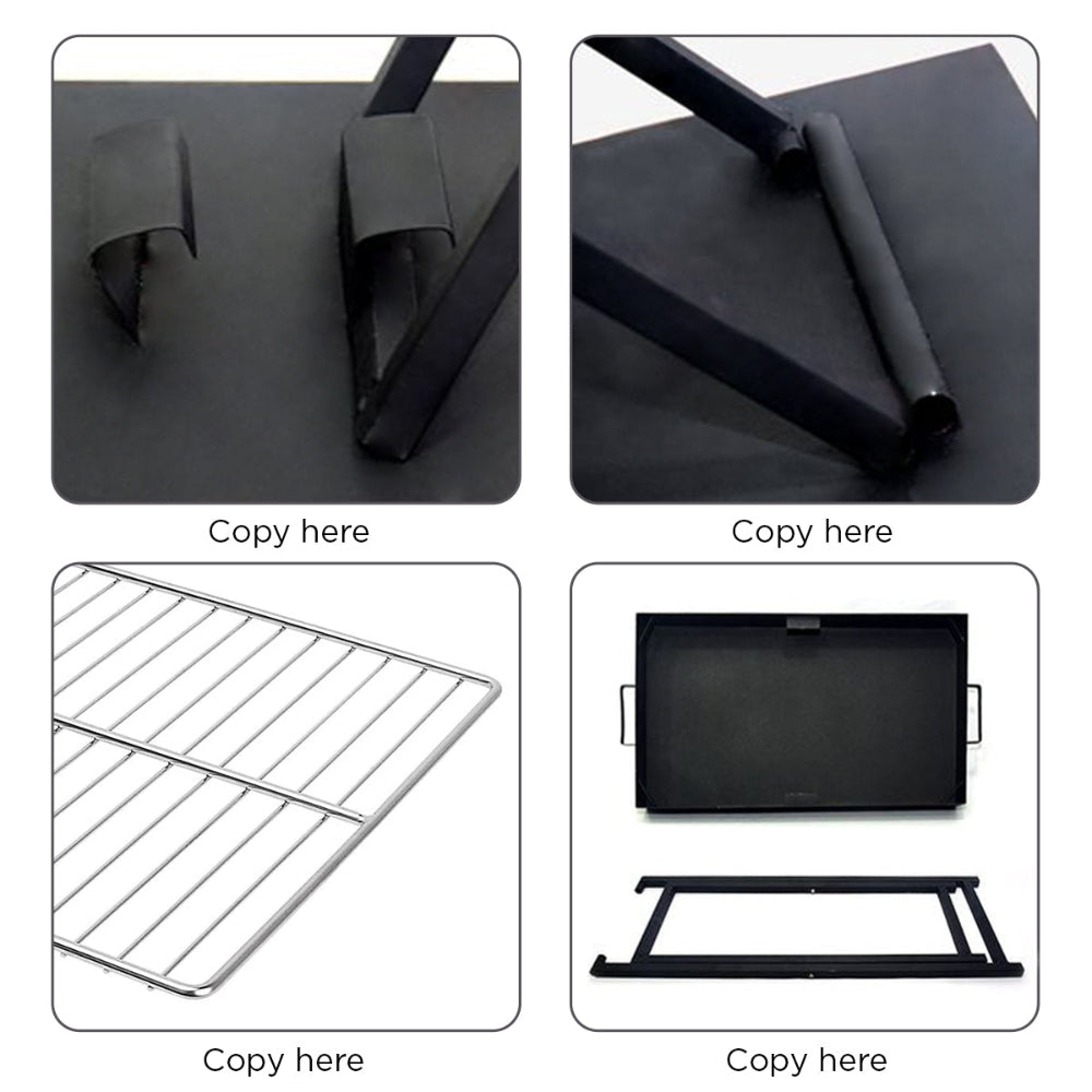 4-way split images showing close-ups of different parts of a portable charcoal grill with foldable legs, all set on a solid white background.
