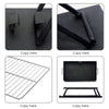 4-way split images showing close-ups of different parts of a portable charcoal grill with foldable legs, all set on a solid white background.