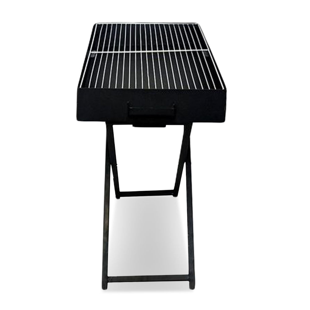 Different side view of a portable charcoal grill with foldable legs on a stand set on a solid white background.
