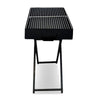 Different side view of a portable charcoal grill with foldable legs on a stand set on a solid white background.