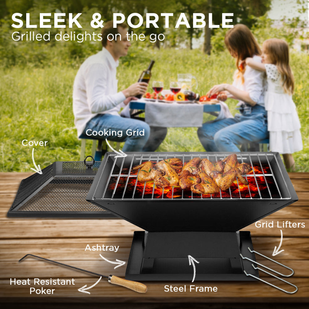 Portable grill with features highlighted, used by a family outdoors.