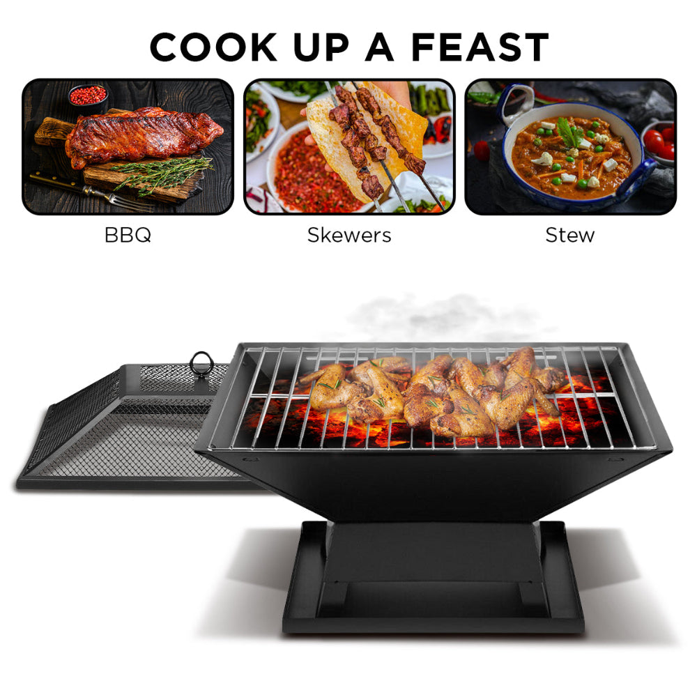 Black portable grill with food on a white background, featuring images of BBQ, skewers, and stew above it.