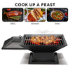 Black portable grill with food on a white background, featuring images of BBQ, skewers, and stew above it.