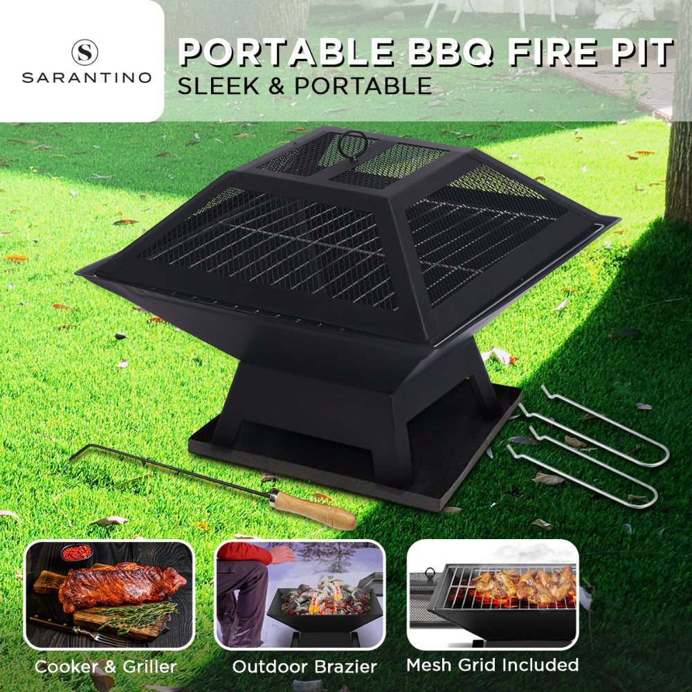 Portable BBQ fire pit with grill grate on grass, featuring Sarantino brand.