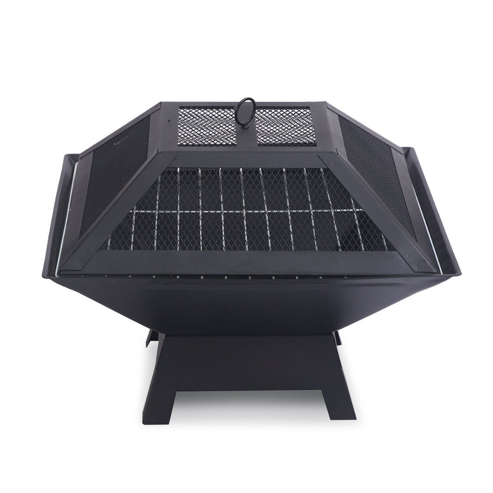 Black metal fire pit on a white background