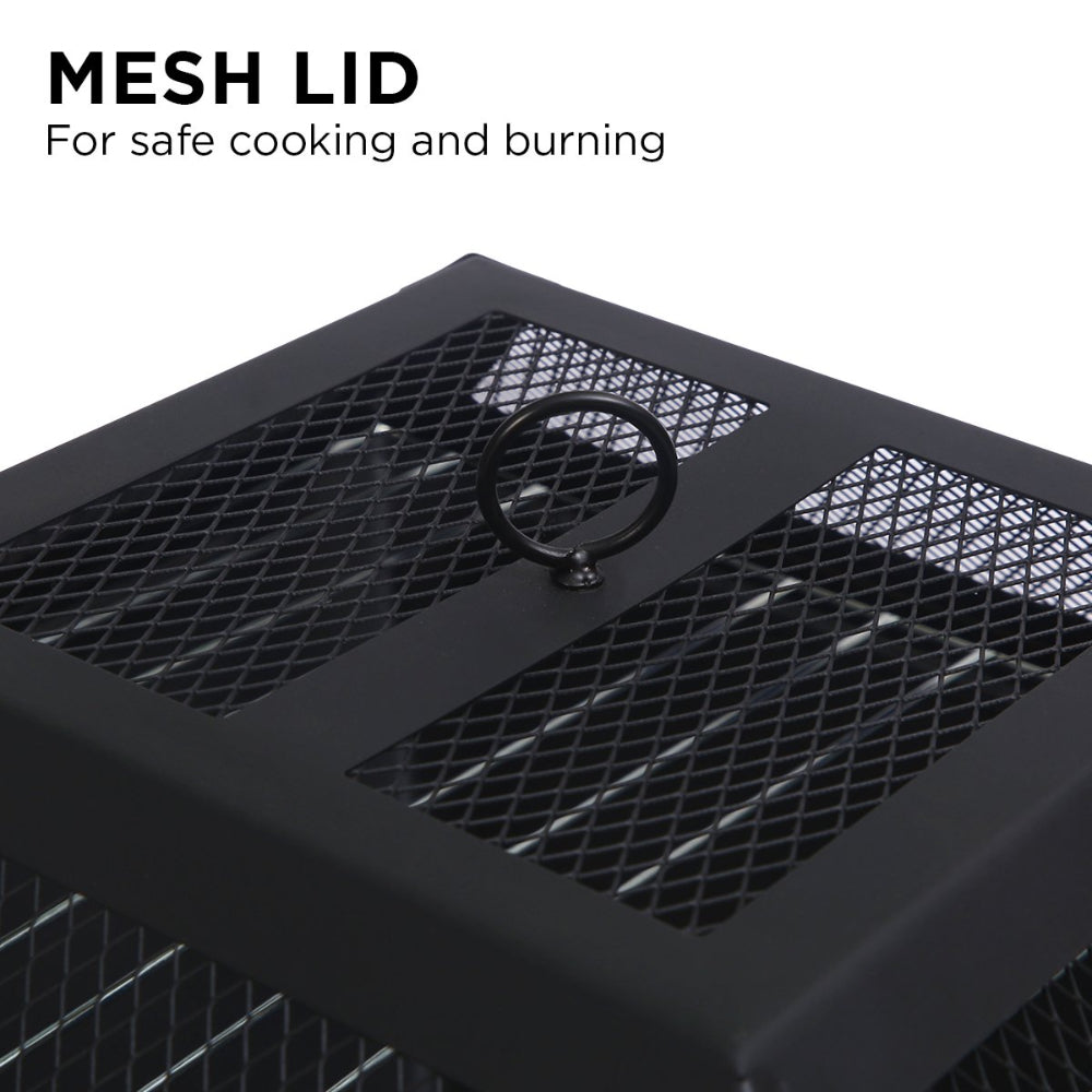 Black mesh lid with text indicating safe cooking and burning on a white background