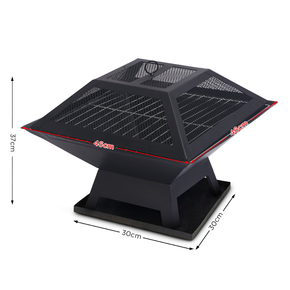 Black metal fire pit with dimensions indicated on a white background