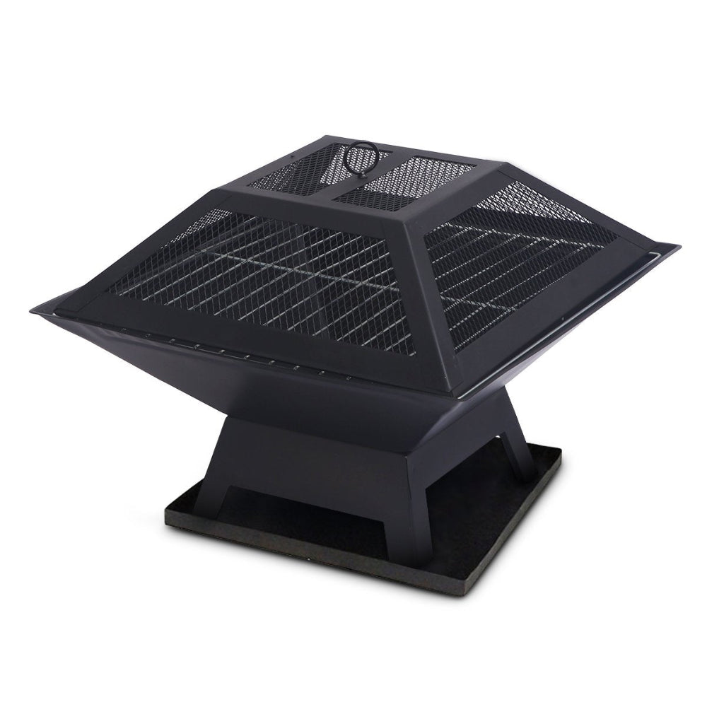 A black portable outdoor fire pit with a grill on top, featuring a steel frame and a mesh cover.
