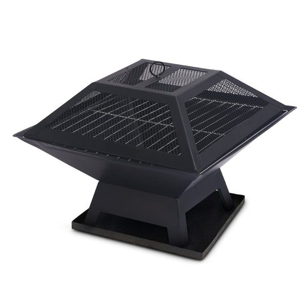 A black portable outdoor fire pit with a grill on top, featuring a steel frame and a mesh cover.