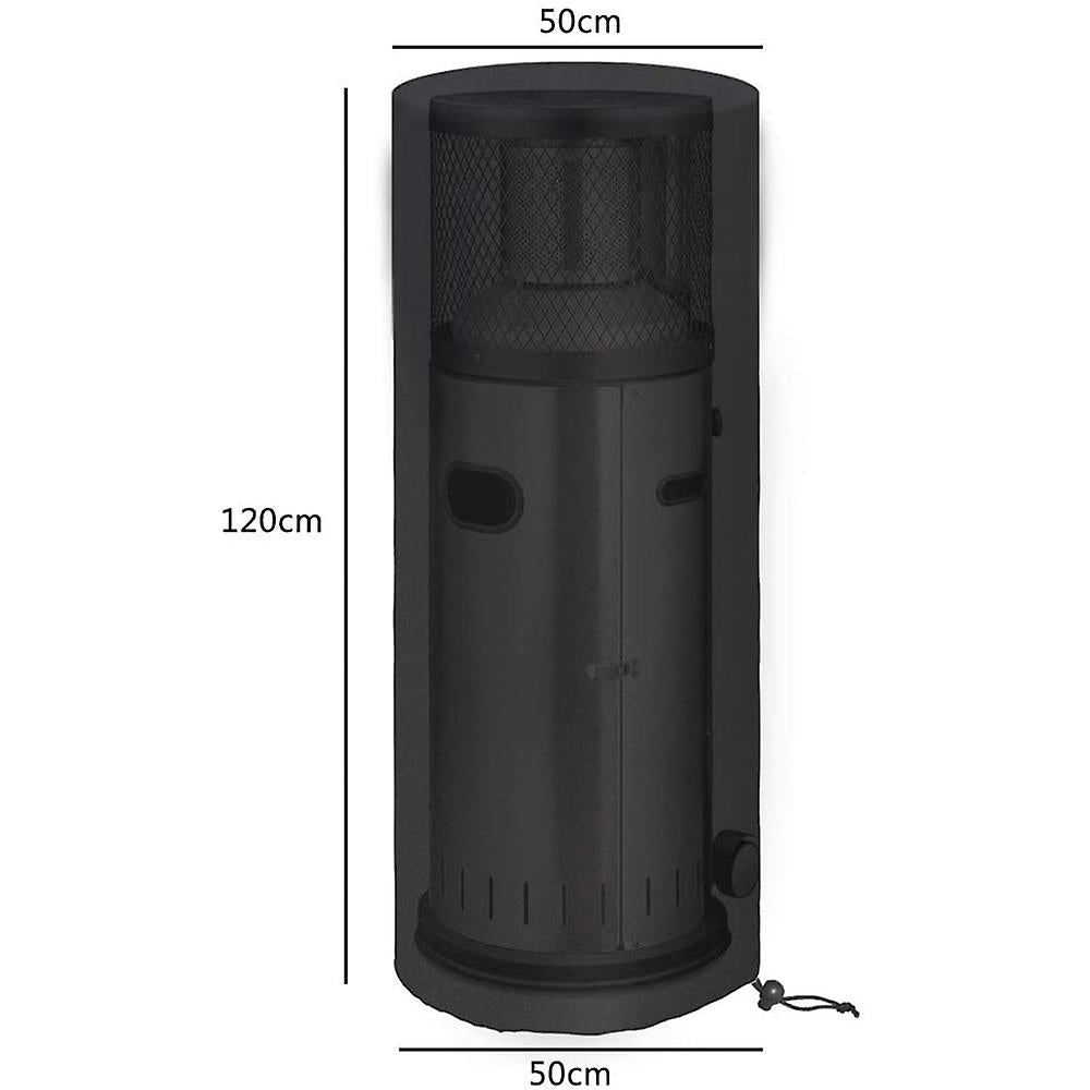 Black cylindrical heater cover with dimensions labeled on a white background