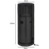 Black cylindrical heater cover with dimensions labeled on a white background