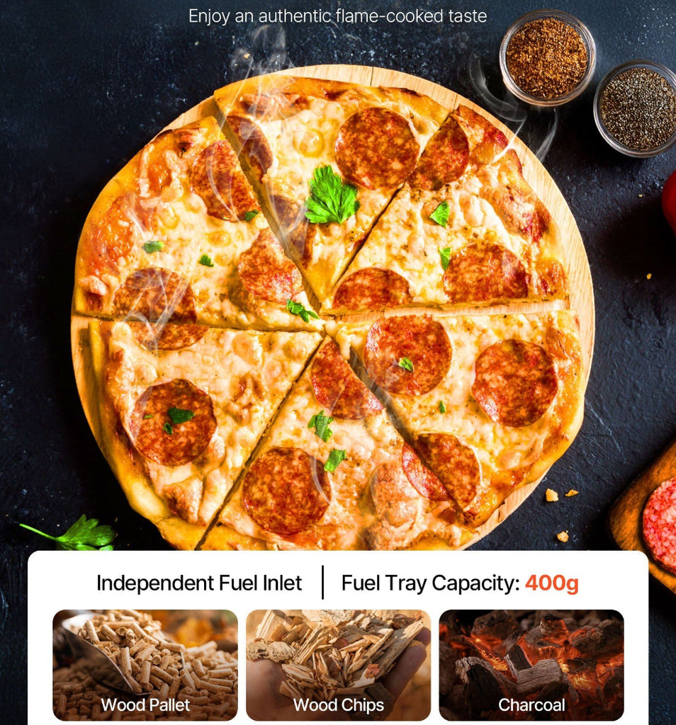 Pepperoni pizza on a dark surface with fuel source information displayed.