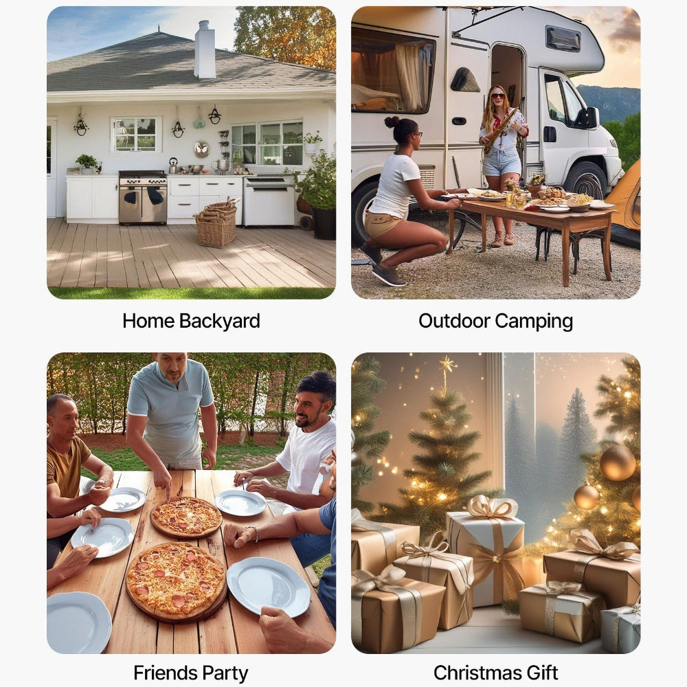 Collage of images showing outdoor cooking and gathering scenarios with text 'Easy Operation' and 'Make outdoor cooking easy'.