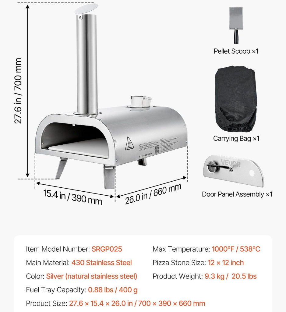 Stainless steel pizza oven with dimensions, components, and specifications on a white background