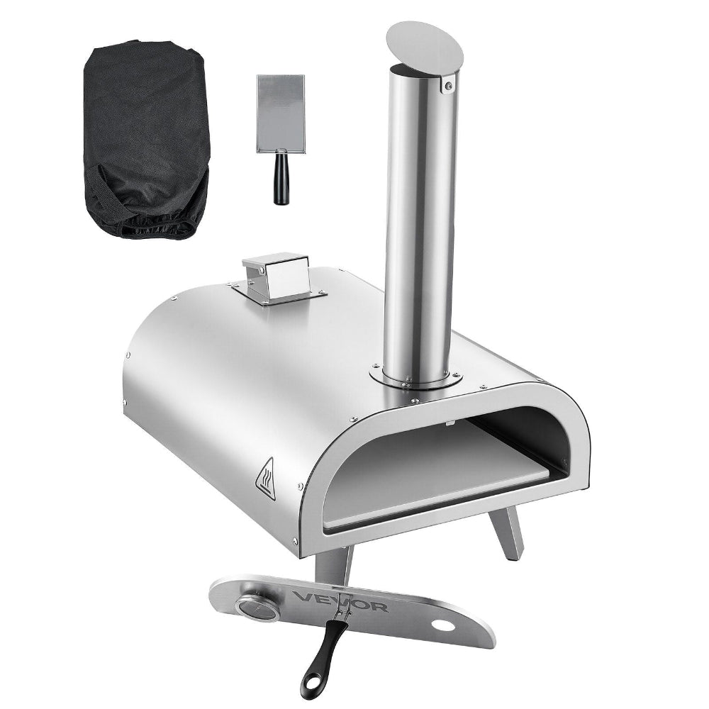 Outdoor pizza oven with accessories on a white background