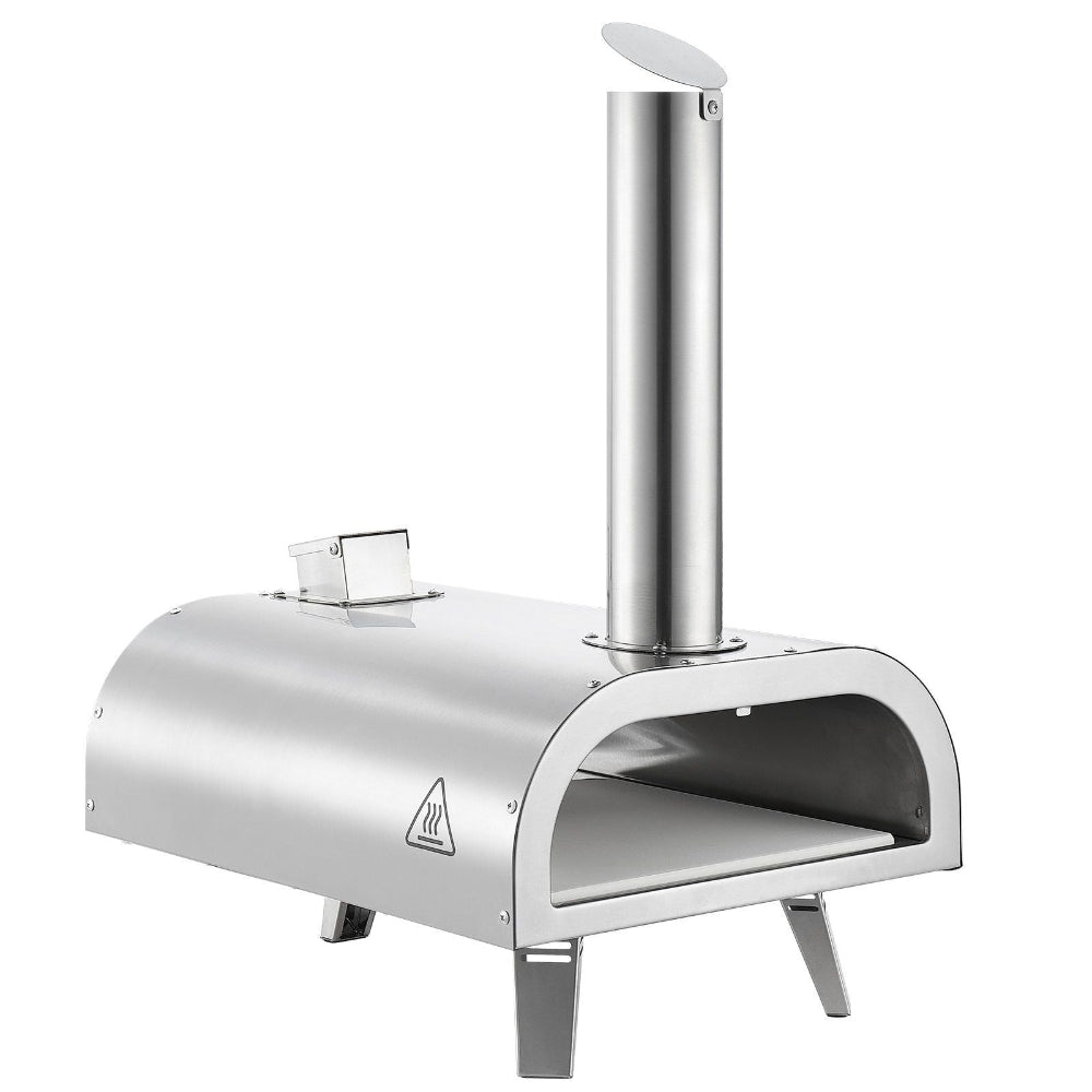 Stainless steel outdoor pizza oven on a white background